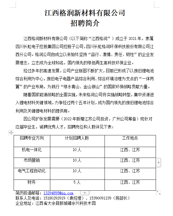 江西格润新材料有限公司招聘简介